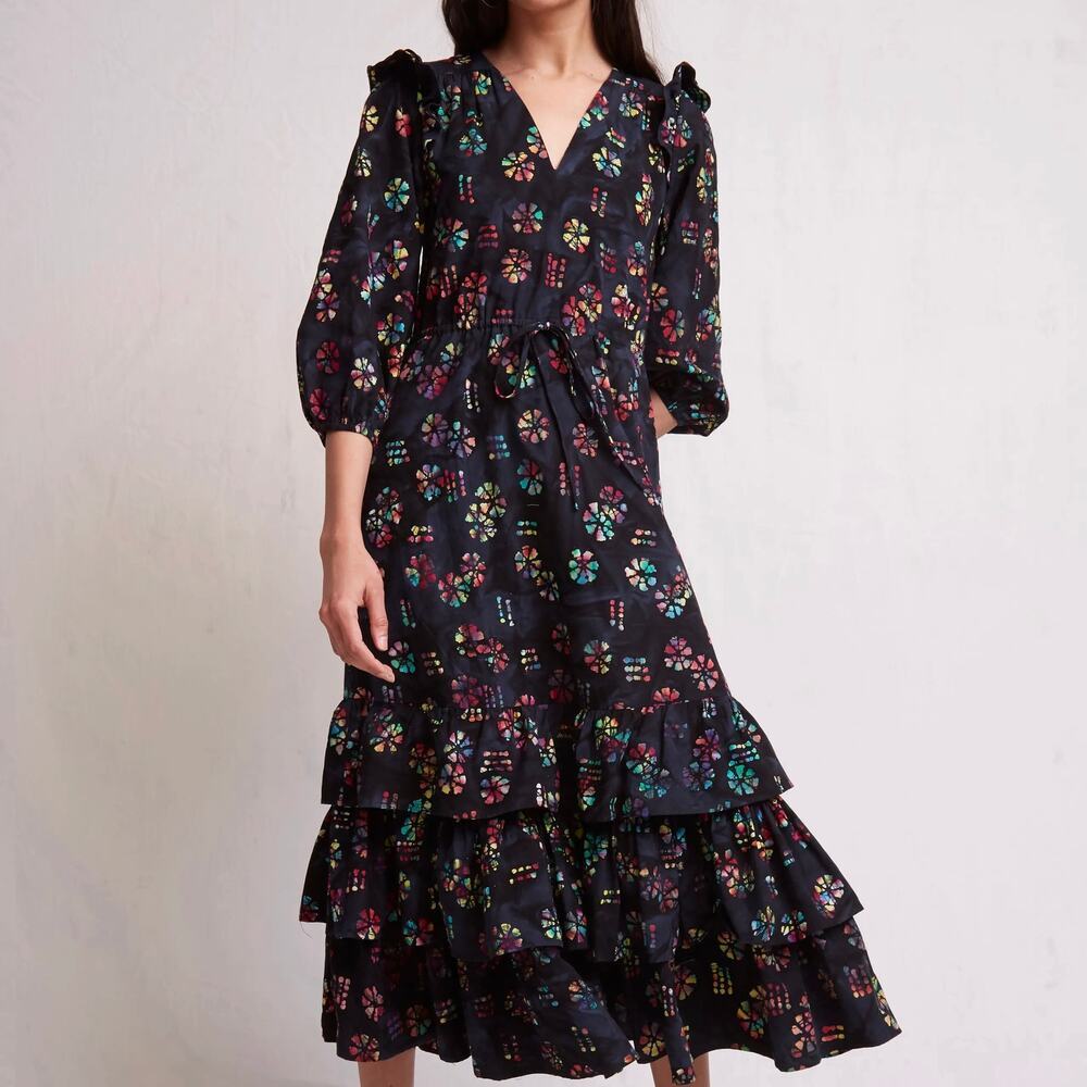 Warm Floral Ruffle Midi Dress